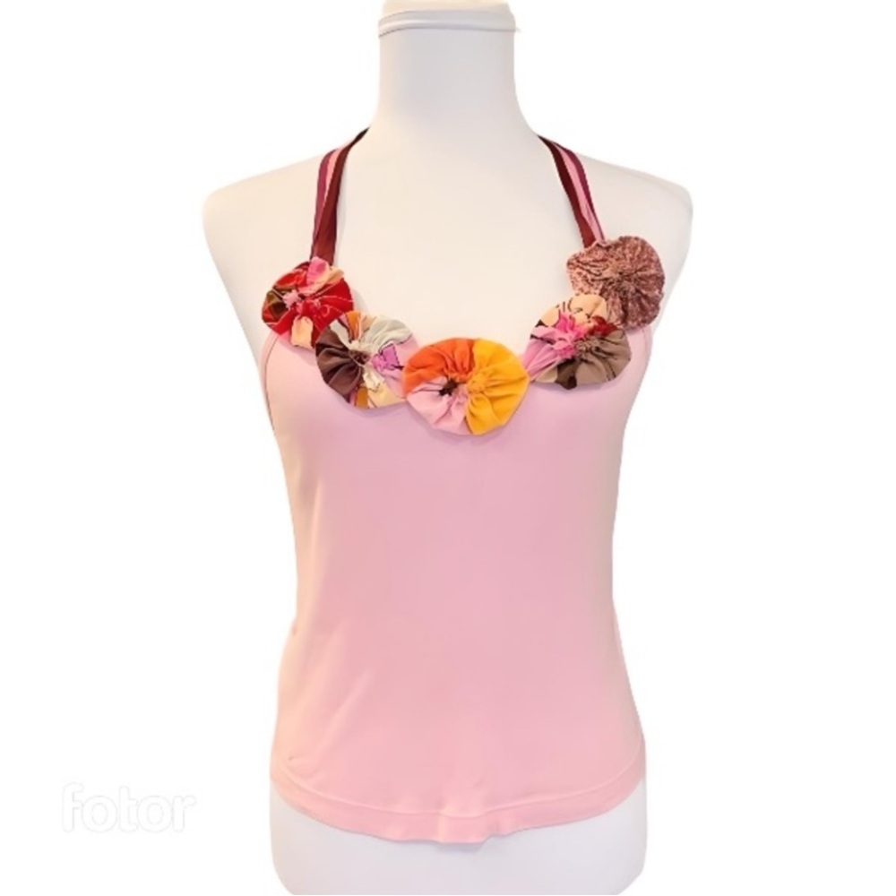Petro Zillia 00's Pink Floral Embellishment Ribbon Tie Halter Tank Top Size M/L